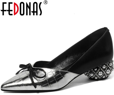 FEDONAS Top Quality Women Glitters Butterfly Knot Party Pumps Party Summer Spring Strange Pearl Heeled Slip On Shoes Woman