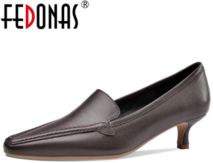 FEDONAS Women Cow Leather Shoes Pointed Toe Thick Heel 2020 Spring New Euro Style Retro Concise Casual Slip-On Shoes Woman