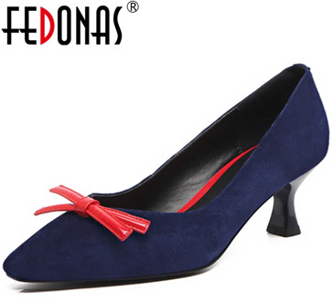 FEDONAS Women Kid Suede Pumps Butterfly Knot Thick Heels Pumps Spring Summer Working Shoes Shallow Pointed Toe Shoes Woman