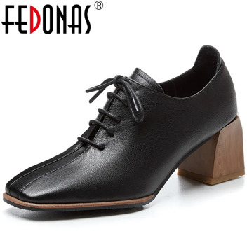 FEDONAS Women Newest Cow Leather Square Toe Pumps Brand Cross Tied Thick Heels Shoes Working Concise Spring Summer Shoes Woman