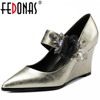 FEDONAS Women Pumps Cow Leather Party Shoes Prom Pumps Spring Summer Rhinestone Glitters Side Zipper Pointed Toe Shoes Woman