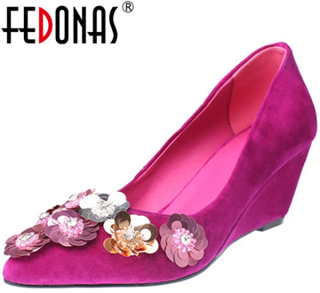 FEDONAS Women Pumps Kid Suede Glitters Embroider Flowers Classic Design Elegant Pointed Toe Spring Summer Shoes Woman
