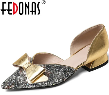 FEDONAS Women Pumps New Arrival Butterfly Knot Rystal Glitters Cow Leather Sweet And Well-Behaved Spring Summer Shoes Woman