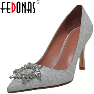 FEDONAS Women Pumps Rhinestone Applique Sequined Spring Summer Wedding Party Prom Shoes Pointed Toe Shallow New Shoes Woman