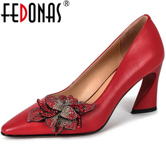 FEDONAS Women Pumps Rhinestone Crystal Glitters Flowers Cow Leather Slip On High Heeled Prom Shoes Spring Summer Shoes Woman