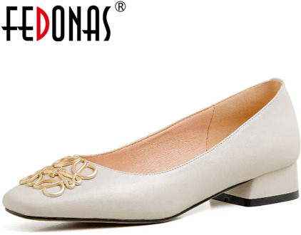 FEDONAS Women Shllow Office Lady Loafers Spring Summer Thick Heels Pumps Cow Leather Metal Decation New Solid Color Shoes Woman