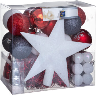 Feeric Christmas Kerstballen - 43x st - incl. ster piek - rood/wit/grijs - 3 tot 6 cm - kunststof - Kerstbal Multikleur