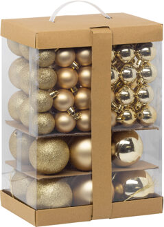 Feeric Christmas Kerstballen - 60x st - 4, 6, 7 en 8 cm - goud - kunststof - Kerstbal Goudkleurig