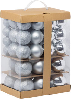 Feeric Christmas Kerstballen - 60x st - 4, 6, 7 en 8 cm - zilver - kunststof - Kerstbal Zilverkleurig