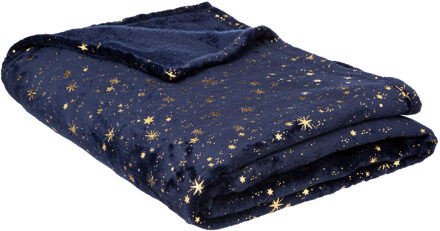 Feeric lights & Christmas Bank/bed sprei/deken/plaid - sterren 130 x 180 cm - blauw/goud Donkerblauw