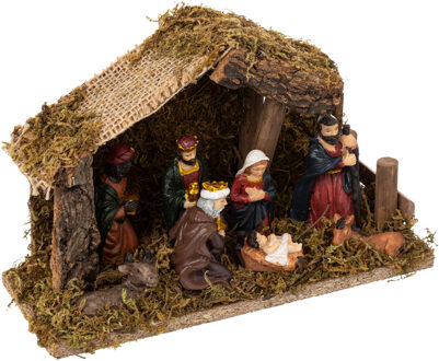 Feeric lights & Christmas Complete kerststal - 7x beelden - LED verlichting - 13 x 7,5 x 20 cm - hout/polyresin Bruin