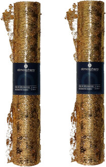 Feeric lights & Christmas Decoratie stof/tafelloper - 2x - goud -500 x 28 cm - polyester - kerstversiering - tafeldecoratie