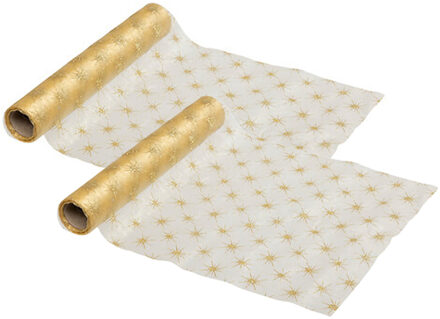 Feeric lights & Christmas Decoratie stof/tafelloper - 2x - goud - 500 x 28 cm - polyester - tafelversiering - kerstdiner