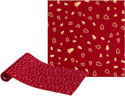 Feeric lights & Christmas Decoratie stof/tafelloper - rood - 300 x 28 cm - polyester - tafelversiering - kerstdiner