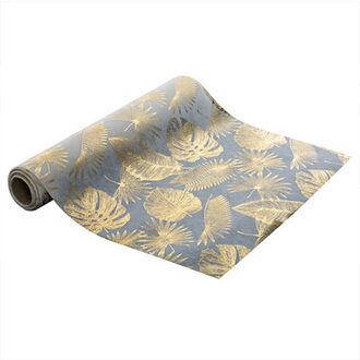 Feeric lights & Christmas Decoratie stof/tafelloper - wit/goud - bladeren -500 x 28 cm - polyester