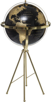 Feeric lights & Christmas Decoratie wereldbol/globe - zwart/goud - op metalen voet - D34 x H60 cm