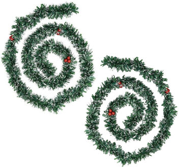 Feeric lights & Christmas Dennenslinger - 2x - met sneeuw en rode besjes - 200 x 7,5 cm - kunststof - dennen guirlande