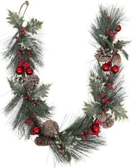 Feeric lights & Christmas Dennenslinger/dennen guirlande - met kerstversiering - rood - 100 x 7,5 cm - kunststof