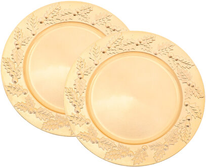 Feeric lights & Christmas Diner/Kerstdiner onderborden - 2x - goud - kerstprint - rond - D33 cm - multifunctioneel