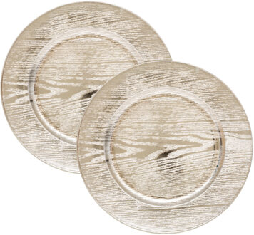Feeric lights & Christmas Diner/kerstdiner onderborden - 2x st - hout look - goud - kunststof - D33 x H2 cm- rond