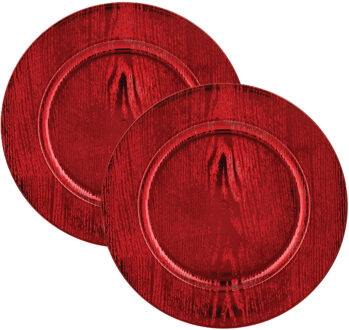 Feeric lights & Christmas Diner/kerstdiner onderborden - 2x st - hout look - rood - kunststof - D33 x H2 cm- rond