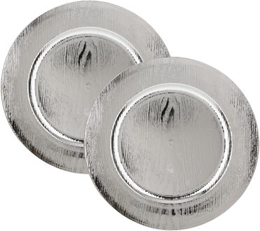 Feeric lights & Christmas Diner/kerstdiner onderborden - 2x st - hout look - zilver - kunststof - D33 x H2 cm- rond