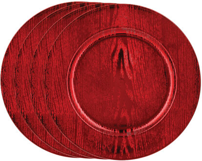Feeric lights & Christmas Diner/kerstdiner onderborden - 4x st - hout look - rood - kunststof - D33 x H2 cm- rond