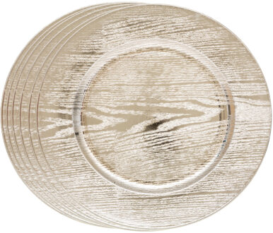 Feeric lights & Christmas Diner/kerstdiner onderborden - 6x st - hout look - goud - kunststof - D33 x H2 cm- rond
