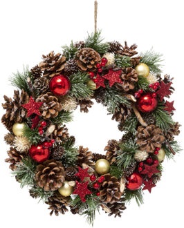 Feeric lights & Christmas Feeric Christmas Kerstkrans - kerstversiering - D35 x 8 cm - rood/goud - dennenappels - kunststof