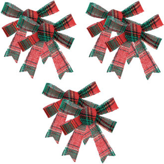 Feeric lights & Christmas Feeric Christmas kerststrikjes - 6x - rood - groen geblokt - 14 cm - polyester - strikjes