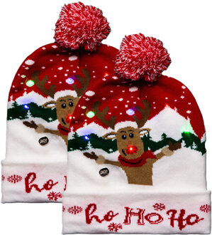 Feeric lights & Christmas Foute kerstmuts - 2x - rood - Ho Ho Ho - met LED lampjes - volwassenen - verlichte muts
