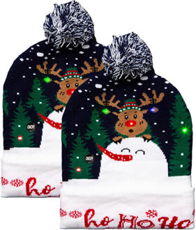 Feeric lights & Christmas Foute muts - 2x - groen - met LED verlichting - Ho Ho Ho - volwassenen - kerstmuts