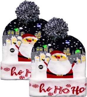 Feeric lights & Christmas Foute winter muts- 2x - blauw - Ho Ho Ho - met LED lampjes - volwassenen - verlichte kerstmuts