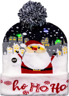 Feeric lights & Christmas Foute winter muts- blauw - Ho Ho Ho - met LED lampjes - volwassenen - verlichte kerstmuts Groen