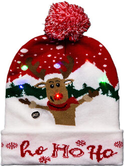 Feeric lights & Christmas Foute winter muts- rood - Ho Ho Ho - met LED lampjes - volwassenen - verlichte kerstmuts