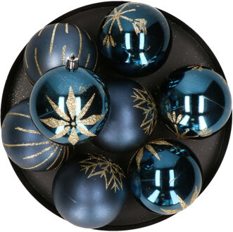 Feeric lights & Christmas Gedecoreerde kerstballen - 16x st - 8 cm - kunststof - blauw/goud