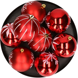 Feeric lights & Christmas Gedecoreerde kerstballen - 16x st - 8 cm - kunststof - rood/wit