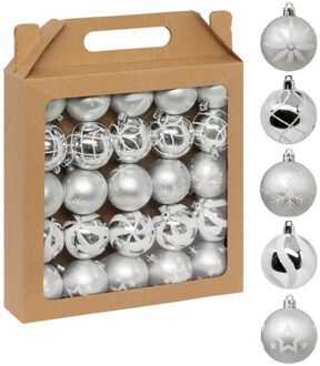 Feeric lights & Christmas Gedecoreerde kerstballen - 25x stuks - 6 cm - zilver/wit - kunststof