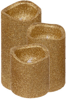 Feeric lights & Christmas Kerst kaarsen/stompkaarsen set - LED - 3x stuks - goud - glitter