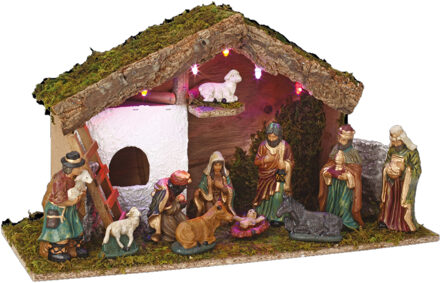 Feeric lights & Christmas Kerstal - met figuren - verlicht - L46 x B17 x H25 cm - op batterij - Kerststallen Multikleur