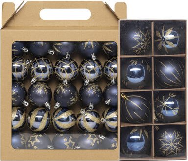 Feeric lights & Christmas Kerstballen - 33x st - donkerblauw - met goud gedecoreerd - 6 en 8 cm - kunststof