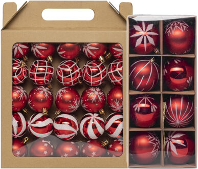 Feeric lights & Christmas Kerstballen - 33x st - rood - met wit gedecoreerd - 6 en 8 cm - kunststof