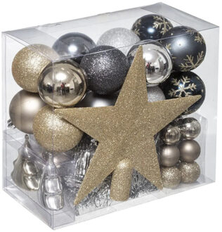 Feeric lights & Christmas Kerstballen - 43x st - met ster piek - champagne/blauw/grijs - 3 tot 6 cm - kunststof