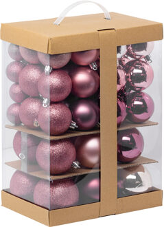 Feeric lights & Christmas Kerstballen - 60x st - 4, 6, 7 en 8 cm - roze - kunststof - kerstballenpakket