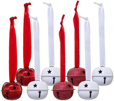 Feeric lights & Christmas Kerstbelletjes hangers - 16x stuks- metaal - wit/rood - D4 cm