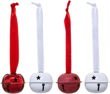Feeric lights & Christmas Kerstbelletjes hangers - 4x st - wit/rood - D4 cm - metaal?- kerstversiering