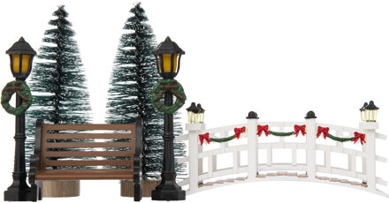 Feeric lights & Christmas Kerstdorp accessoires - brug, boompjes, lantaarns - miniatuur figuurtjes Groen