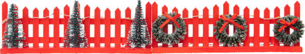 Feeric lights & Christmas Kerstdorp hekjes - 2x - rood - met led licht - 15 x 2,5 x 6 cm - kunststof - omheining