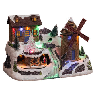 Feeric lights & Christmas Kerstdorp kerst tafereel - geanimeerde huis en molen - met led verlichting - 31 cm