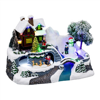 Feeric lights & Christmas Kerstdorp kerst tafereel - geanimeerde kerstman slee - met led verlichting - 24 cm